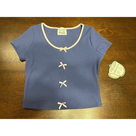 Y2K Coquette Feminine Dainty Soft Crop Top Women XL Stretch Bow Pastel Grunge - Picture 1 of 8